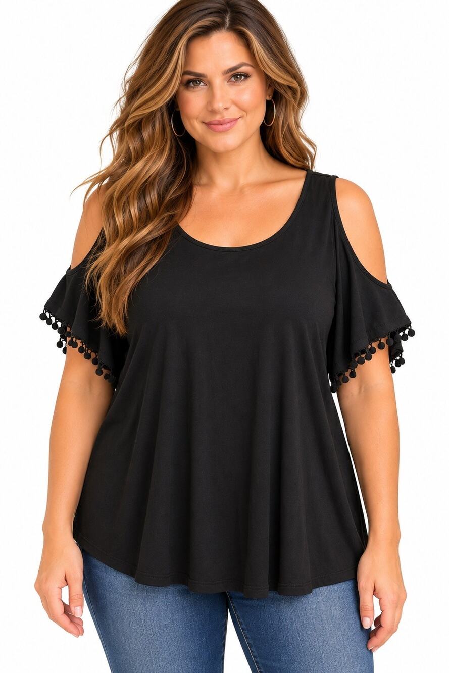 Cupio Women’s Black Knit Scoop Neck Cold Shoulder Short Sleeve Blouse XL Boho